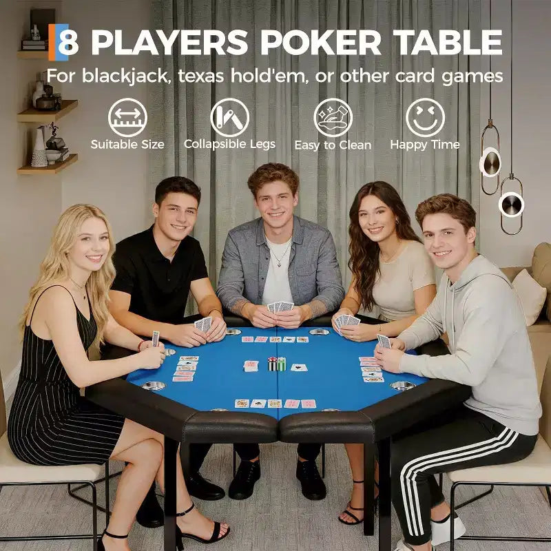 Table de poker pliable de 48 pouces pour 8 joueurs, table de jeu pliable portable avec accoudoirs rembourrés, porte-gobelets en acier inoxydable, pieds métalliques pliables