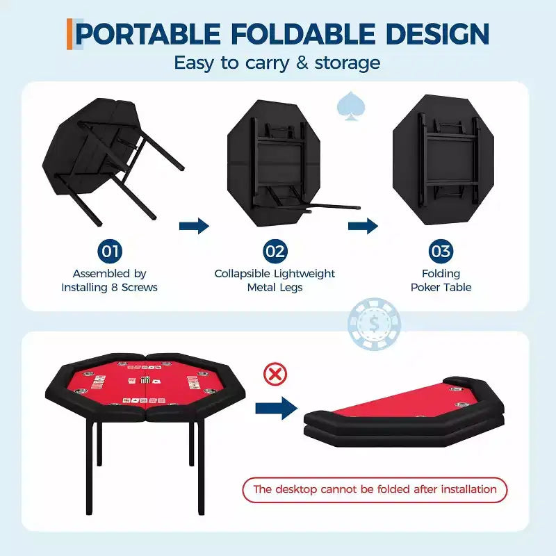 Table de poker pliable de 48 pouces pour 8 joueurs, table de jeu pliable portable avec accoudoirs rembourrés, porte-gobelets en acier inoxydable, pieds métalliques pliables
