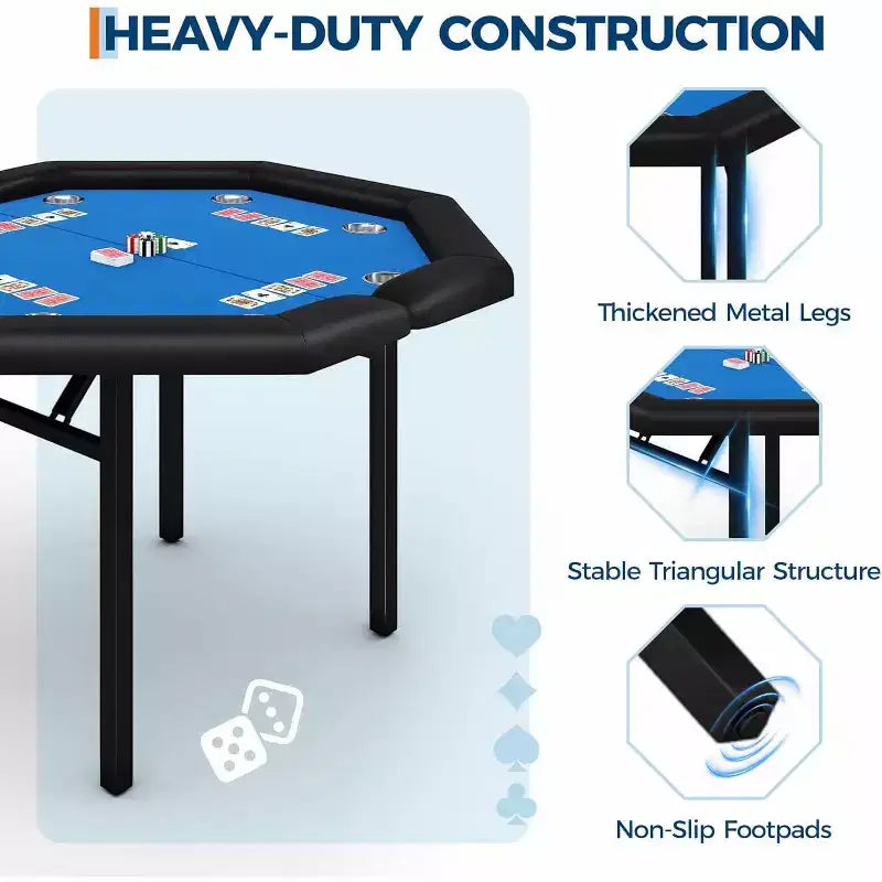 Table de poker pliable de 48 pouces pour 8 joueurs, table de jeu pliable portable avec accoudoirs rembourrés, porte-gobelets en acier inoxydable, pieds métalliques pliables