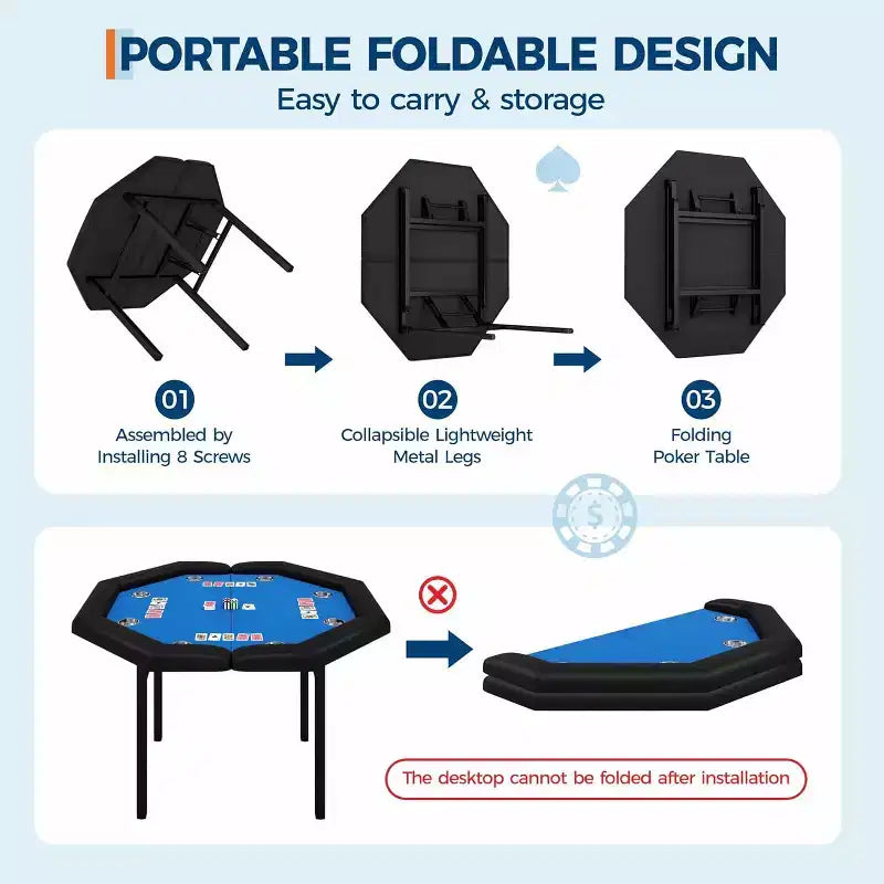 Table de poker pliable de 48 pouces pour 8 joueurs, table de jeu pliable portable avec accoudoirs rembourrés, porte-gobelets en acier inoxydable, pieds métalliques pliables
