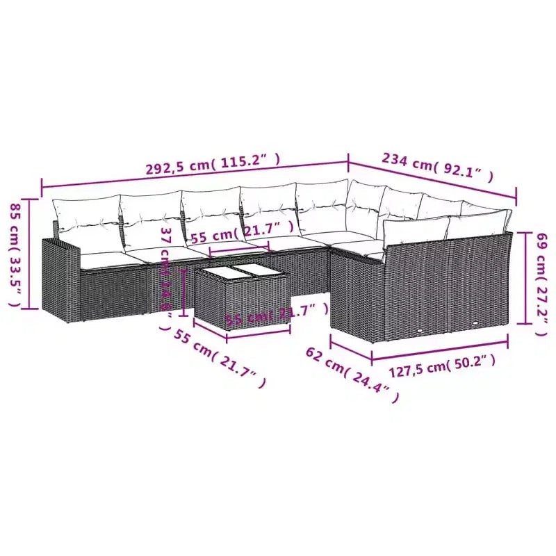 vidaXL Garden Sofa Set Black PE rattan Large UV-resistant materials