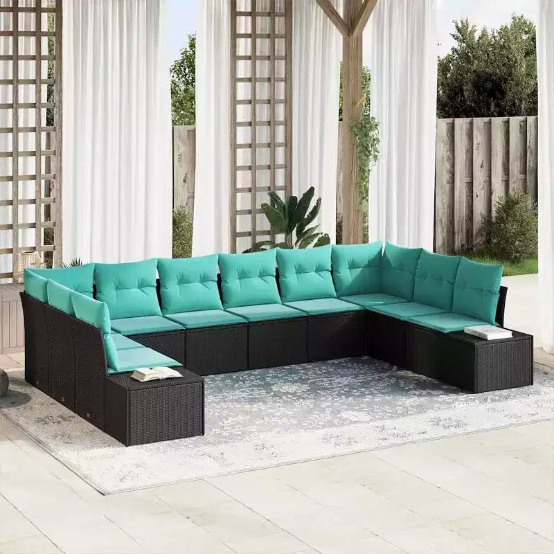 vidaXL Salon de jardin 10 pcs en résine tressée noir et turquoise