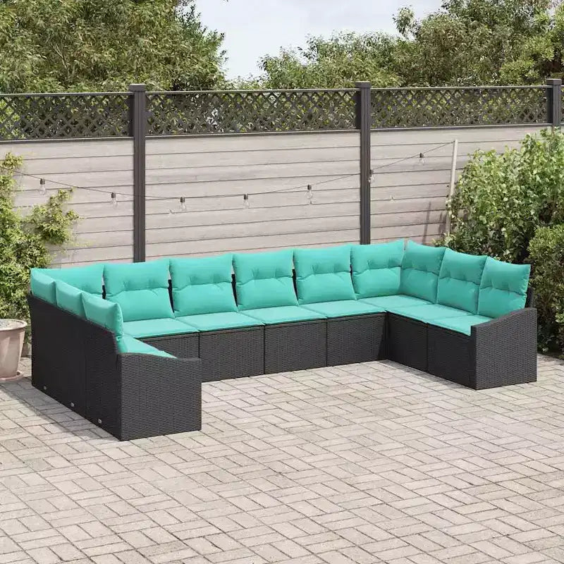 vidaXL Salon de jardin avec coussins 10 pcs Résine tressée Noir - Noir et Turquoise sans table