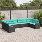 vidaXL Salon de jardin avec coussins 10 pcs Résine tressée Noir - Noir et Turquoise sans table