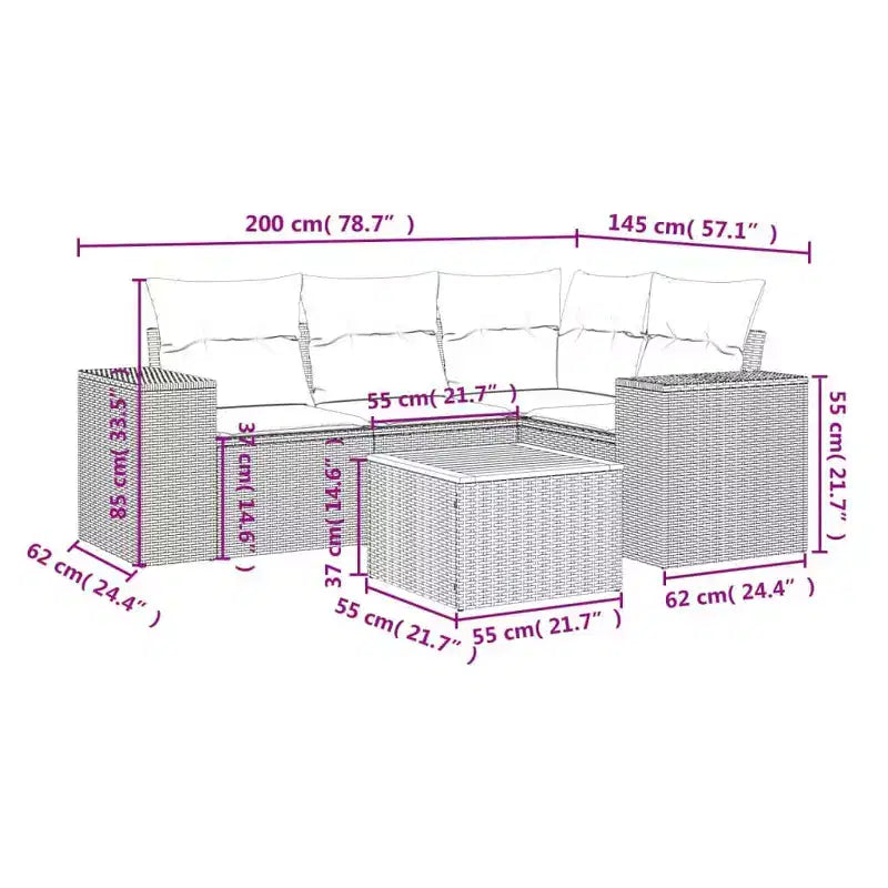 vidaXL Patio Sofa Set with Cushions Outdoor Furniture 5 Piece Poly Rattan