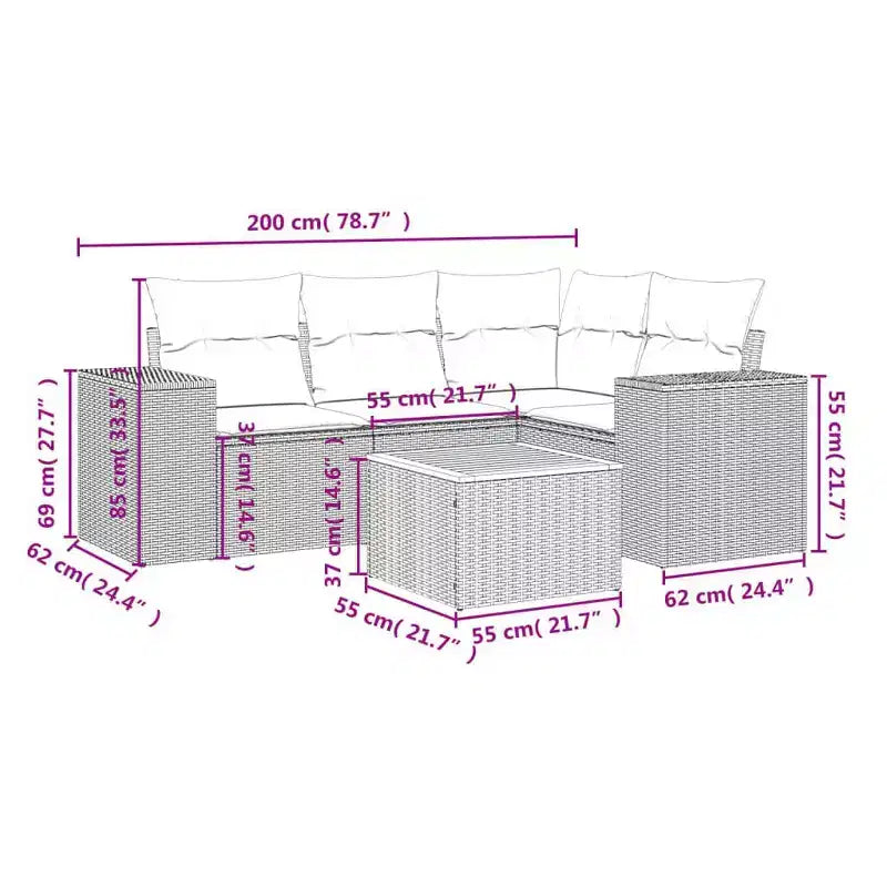 vidaXL Patio Sofa Set with Cushions Outdoor Furniture 5 Piece Poly Rattan