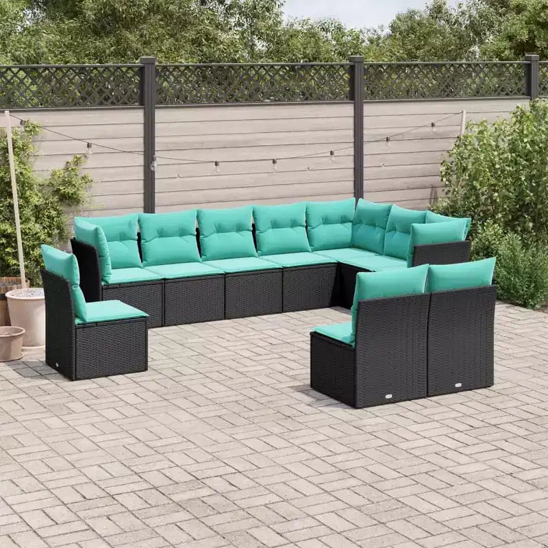 vidaXL 10 Piece Patio Sofa Set with Cushions Black Poly Rattan - Black and Blue Without Table