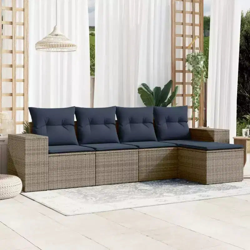 vidaXL 5 Piece Garden Sofa Set with Cushions Grey Poly Rattan - Gray and Blue Without Table