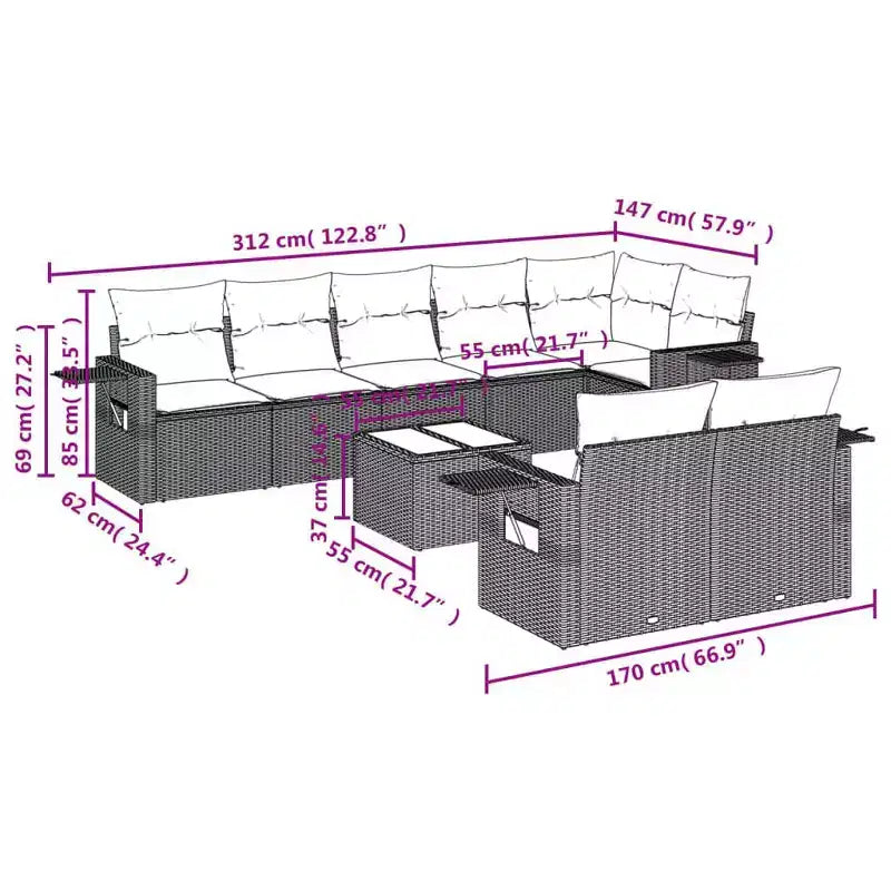 vidaXL Patio Sofa Set Black, Blue PE Rattan, Powder-Coated Steel, Polyester