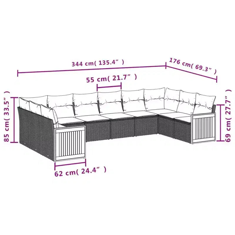vidaXL Patio Sofa Set Black and Blue PE Rattan, Powder-Coated Steel Large