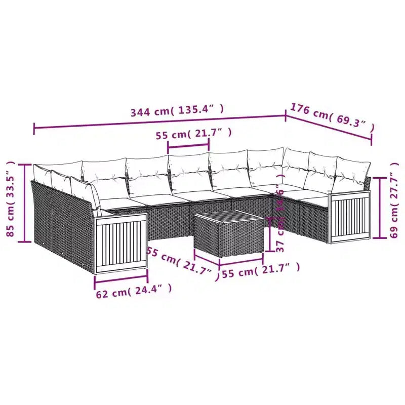 vidaXL Patio Sofa Set Black and Blue PE Rattan, Powder-Coated Steel Large
