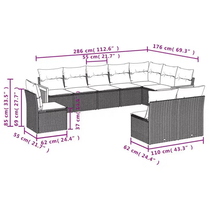 vidaXL Patio Sofa Set Black PE Rattan 10 Piece Adjustable Feet