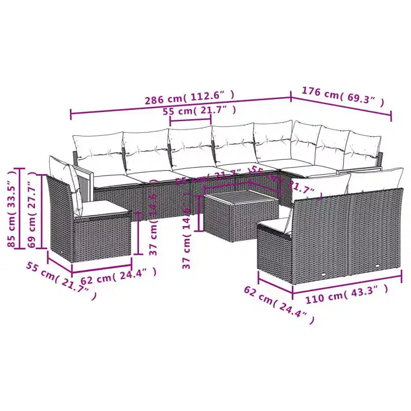 vidaXL Patio Sofa Set Black PE Rattan 10 Piece Adjustable Feet