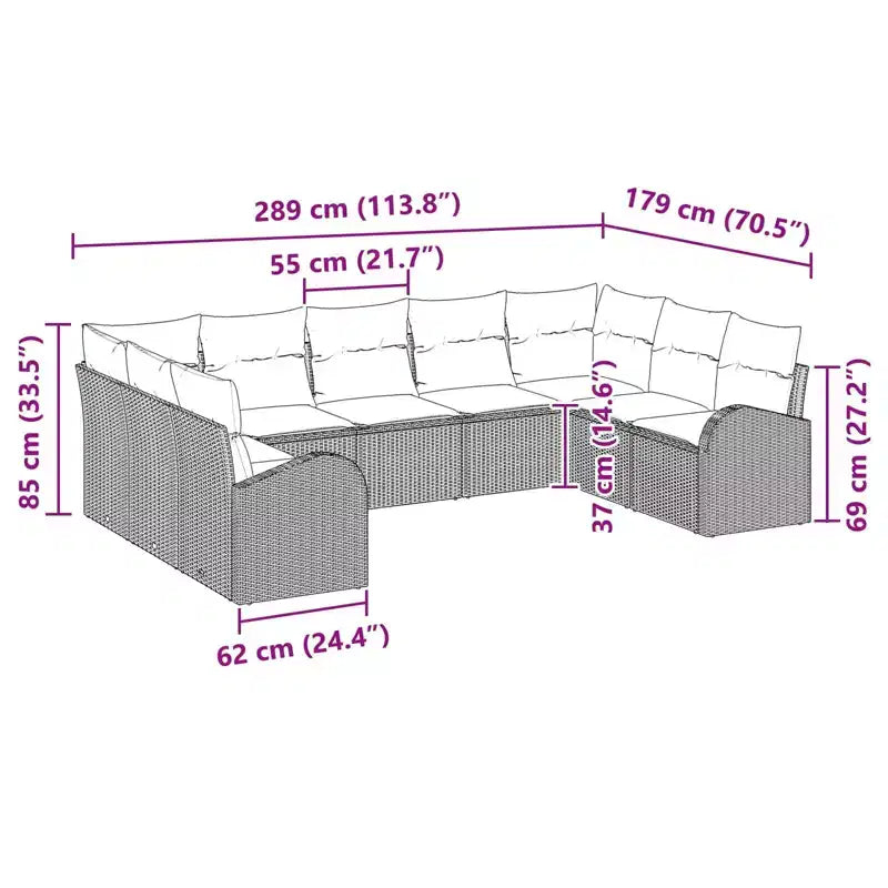 vidaXL Garden Sofa Set 9 pcs Brown Poly rattan - Brown Without Table