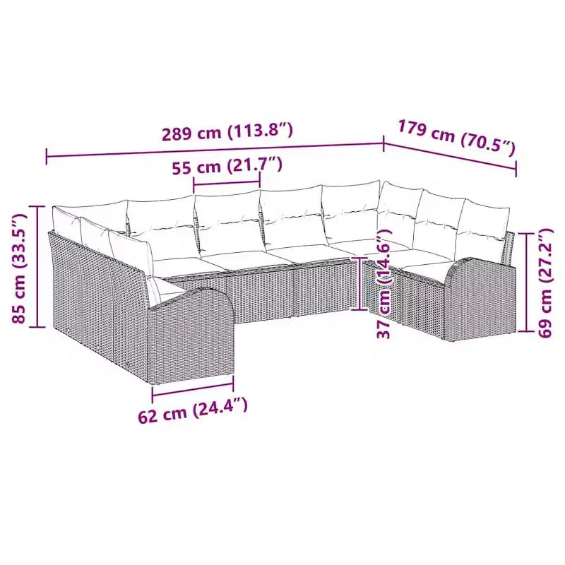 vidaXL Garden Sofa Set 9 pcs Brown Poly rattan - Brown Without Table