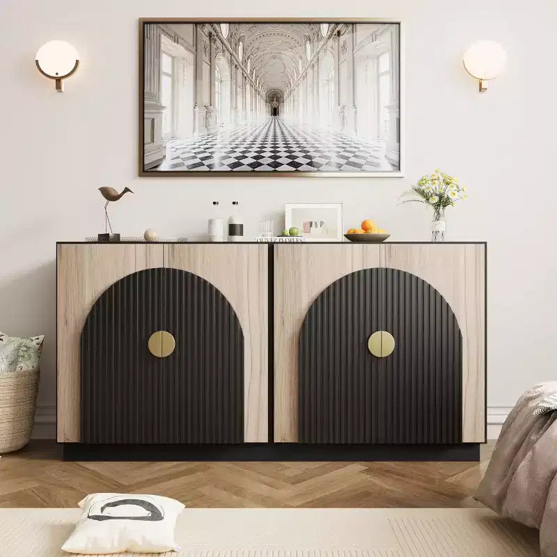 Bahut moderne cannelé avec portes arquées, étagères réglables, meuble de rangement d'appoint pour entrée, salle à manger, salon, couloir
