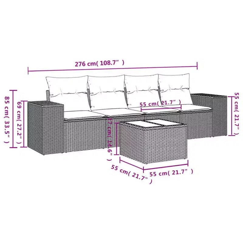 vidaXL 5 Piece Patio Sofa Set with Cushions Brown Poly Rattan