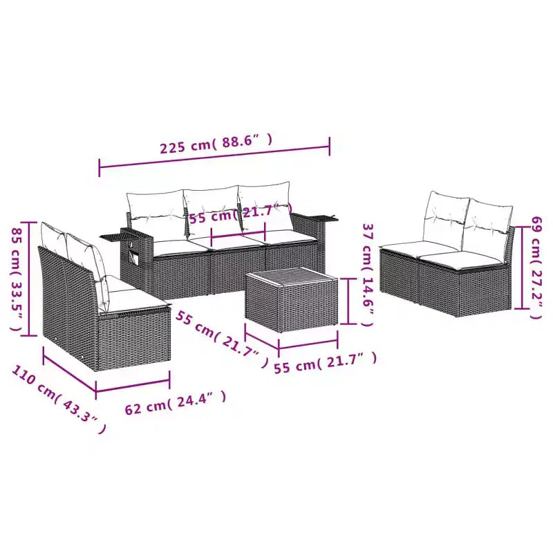 vidaXL 8 Piece Garden Sofa Set with Cushions Grey Poly Rattan