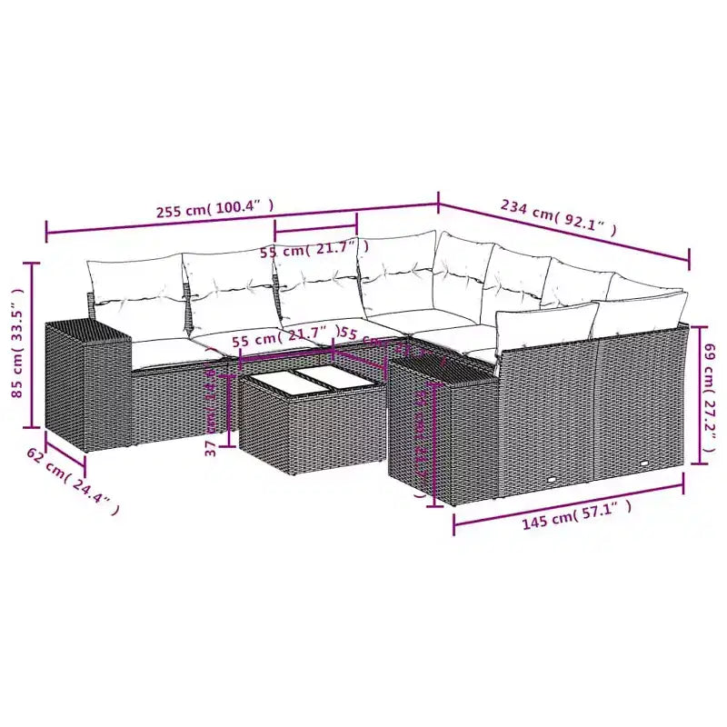vidaXL 9 Piece Garden Sofa Set with Cushions Grey Poly Rattan