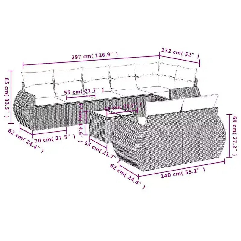 vidaXL 9 Piece Patio Sofa Set with Cushions Brown Poly Rattan
