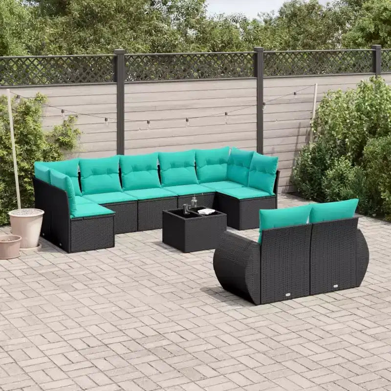 vidaXL 10 Piece Garden Sofa Set with Cushions Black Poly Rattan