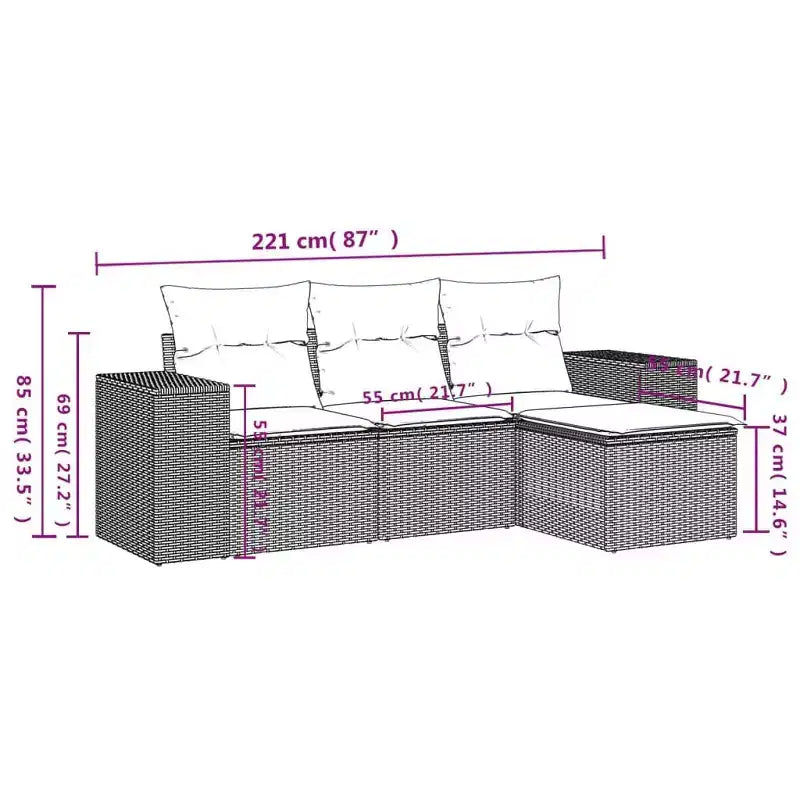 vidaXL 4 Piece Patio Sofa Set with Cushions Gray Poly Rattan