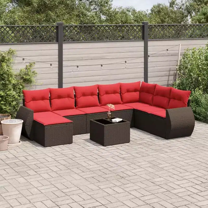 vidaXL 9 Piece Patio Sofa Set with Cushions Poly Rattan - Brown and Red With Table