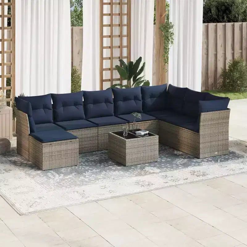 vidaXL 9 Piece Patio Sofa Set with Cushions Poly Rattan - Brown and Red With Table