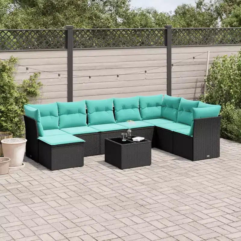 vidaXL 9 Piece Patio Sofa Set with Cushions Poly Rattan - Brown and Red With Table