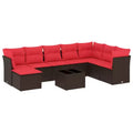 vidaXL 9 Piece Patio Sofa Set with Cushions Poly Rattan - Brown and Red With Table