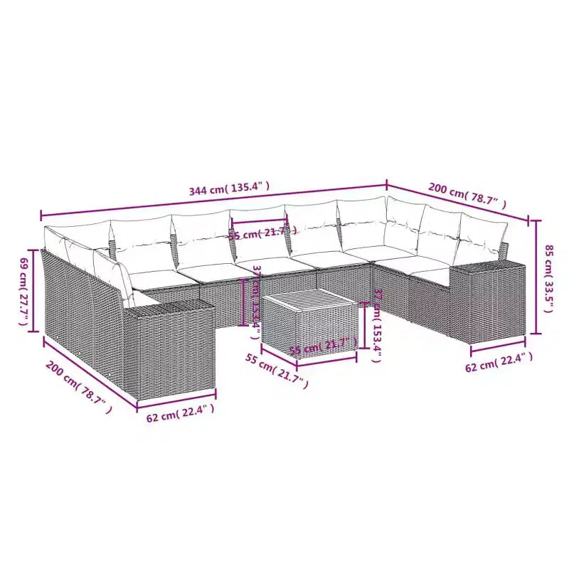 vidaXL 11 Piece Garden Sofa Set with Cushions Poly Rattan