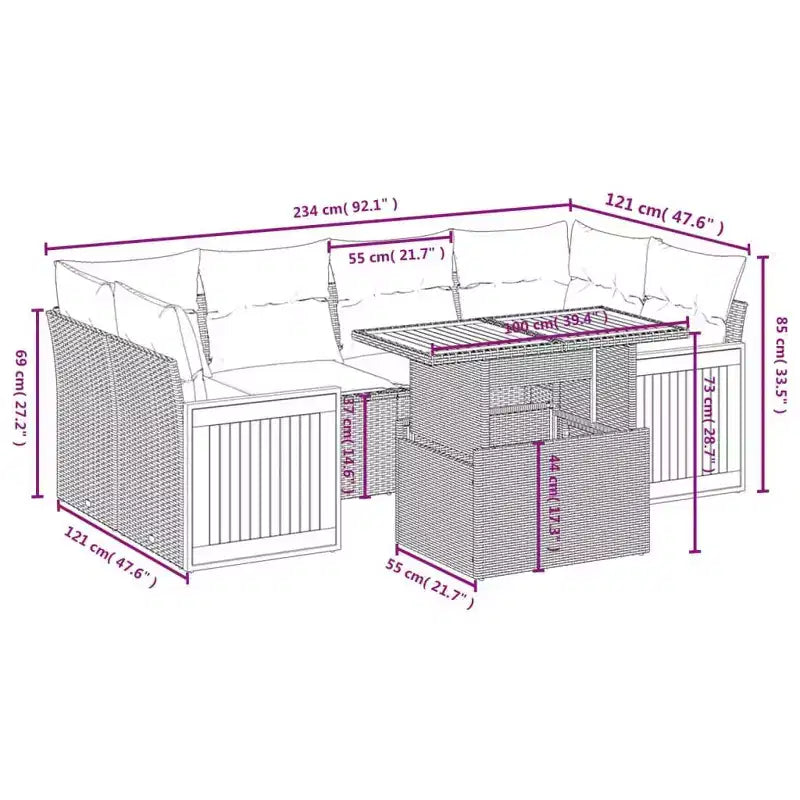 vidaXL Salon de jardin 7 pcs avec coussins résine tressée, canapé d'angle modulable, table ajustable
