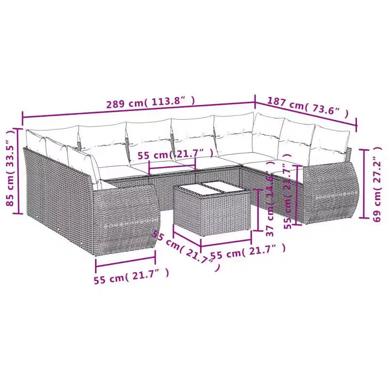 vidaXL 10 Piece Patio Sofa Set with Cushions Gray Poly Rattan