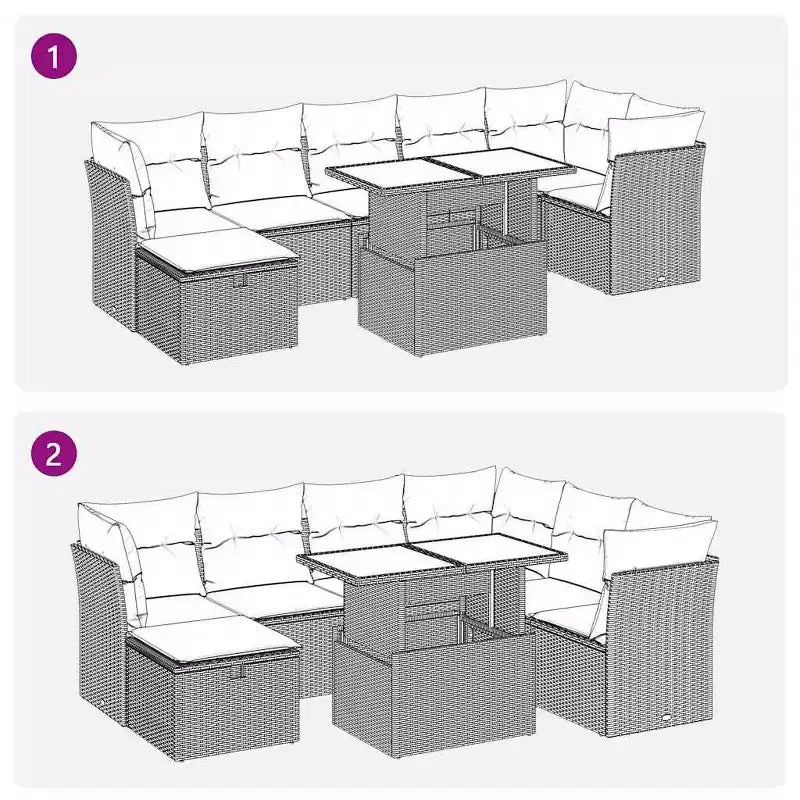 vidaXL 8 Piece Patio Sofa Set with Cushions, Poly Rattan Outdoor Sectional, Modular Design, Adjustable Table