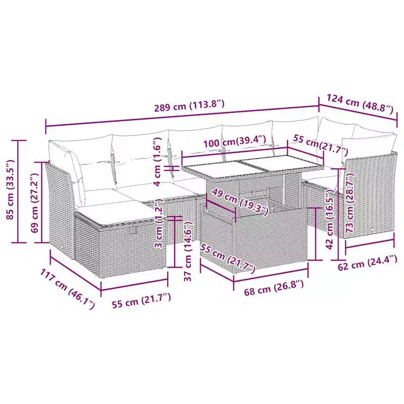 vidaXL 8 Piece Patio Sofa Set with Cushions, Poly Rattan Outdoor Sectional, Modular Design, Adjustable Table