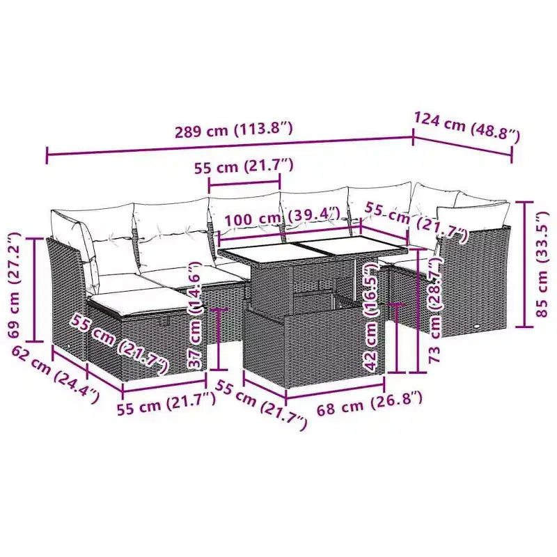 vidaXL 8 Piece Patio Sofa Set with Cushions, Poly Rattan Outdoor Sectional, Modular Design, Adjustable Table