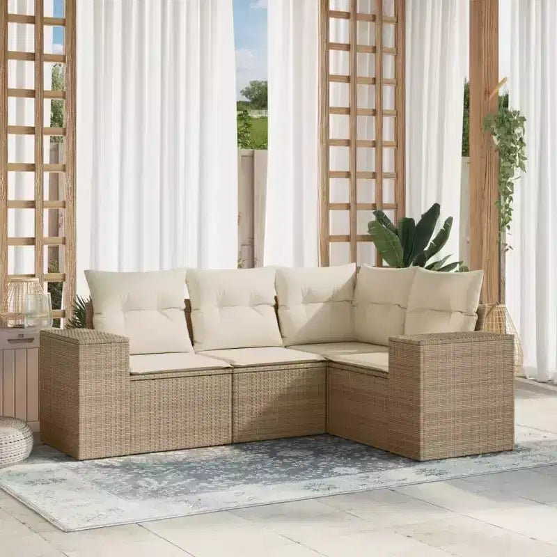 vidaXL 4 Piece Patio Sofa Set with Cushions Beige Poly Rattan