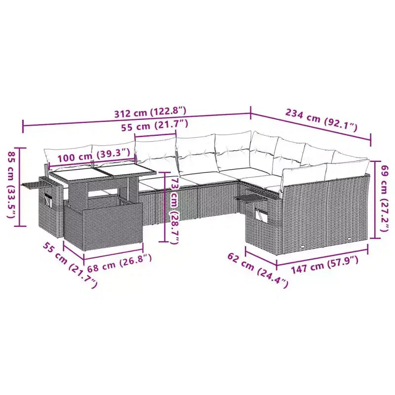 vidaXL Salon de jardin avec coussins et table, 10 pièces en rotin synthétique