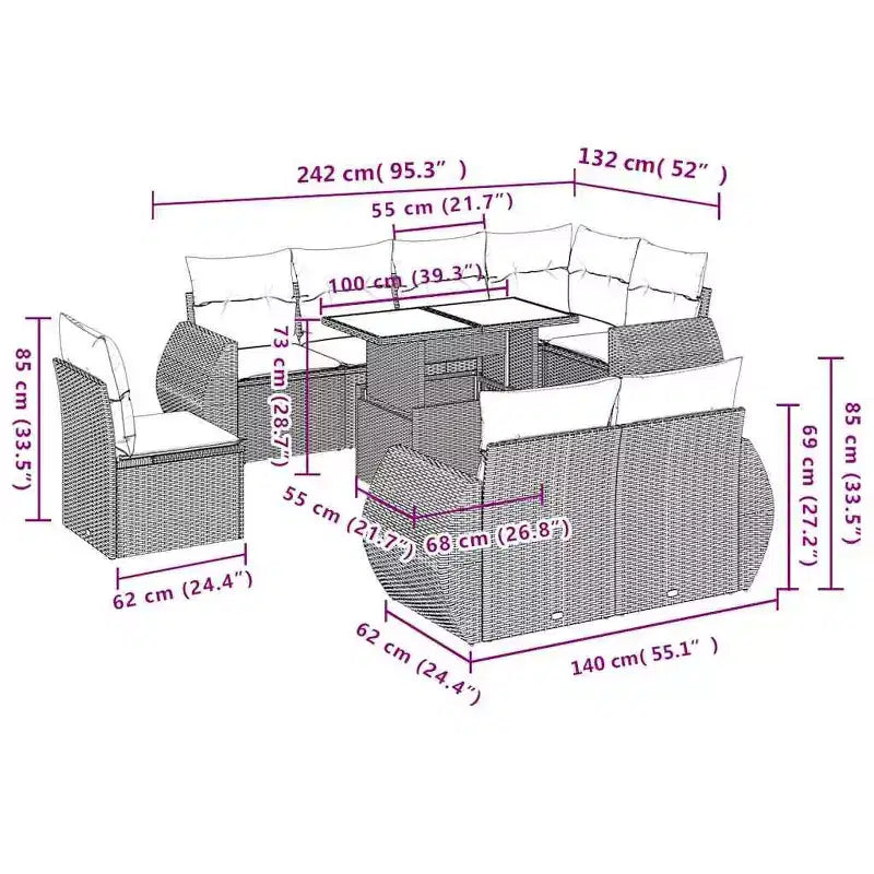 vidaXL Patio Sofa Set with Cushions and Table Outdoor 9 Piece Poly Rattan