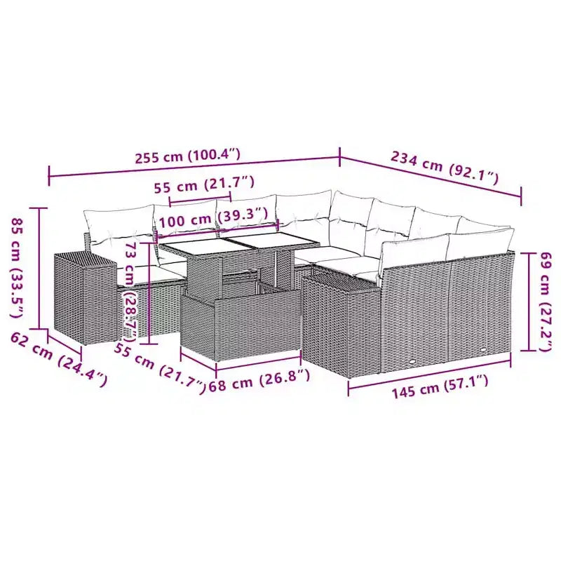 vidaXL Patio Sofa Set with Cushions Table and Couches 9 Piece Poly Rattan