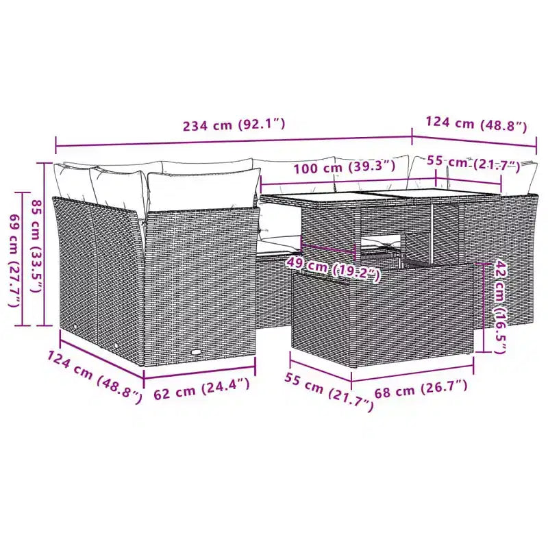 vidaXL Patio Sofa Set with Cushions Modular Outdoor Seating 7 Piece Poly Rattan