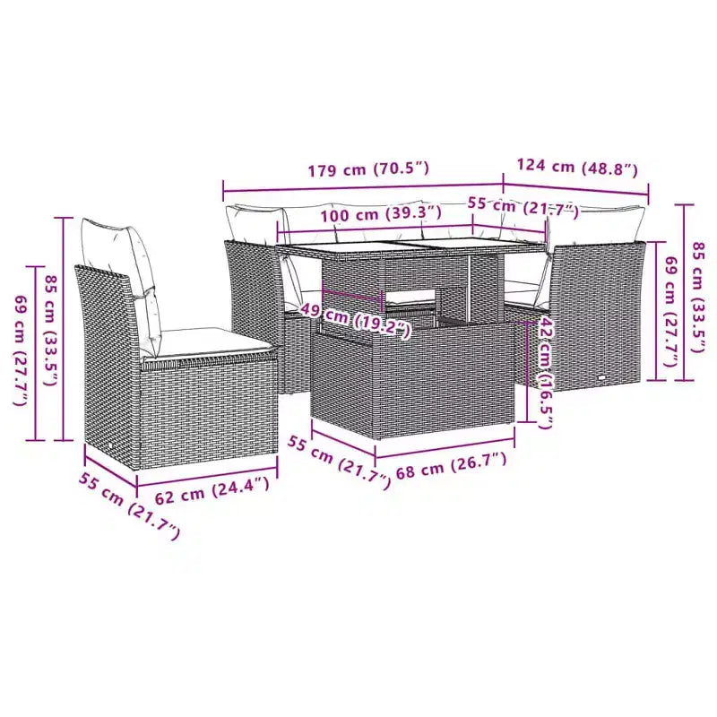 vidaXL Patio Sofa Set with Cushions Modular Outdoor Seating 6 Piece Poly Rattan