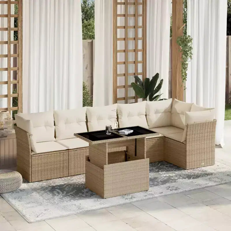 vidaXL 7 Piece Patio Sofa Set with Cushions, Poly Rattan Outdoor Sectional, Modular, Adjustable Table