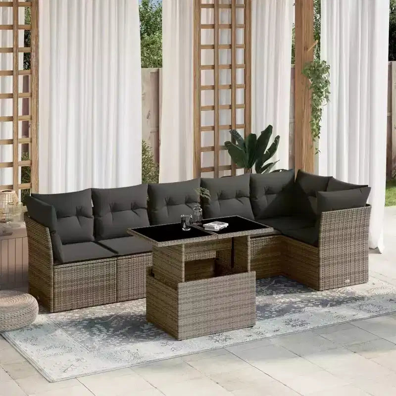vidaXL 7 Piece Patio Sofa Set with Cushions, Poly Rattan Outdoor Sectional, Modular, Adjustable Table