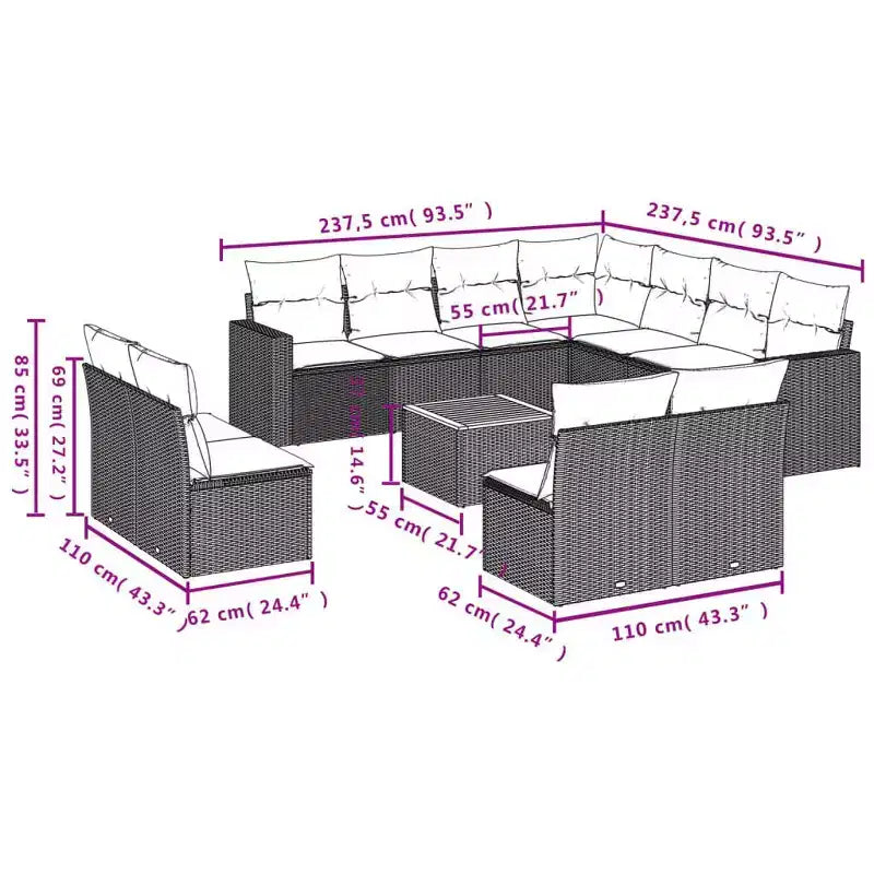 vidaXL Salon de jardin 12 pièces avec coussins en résine tressée beige