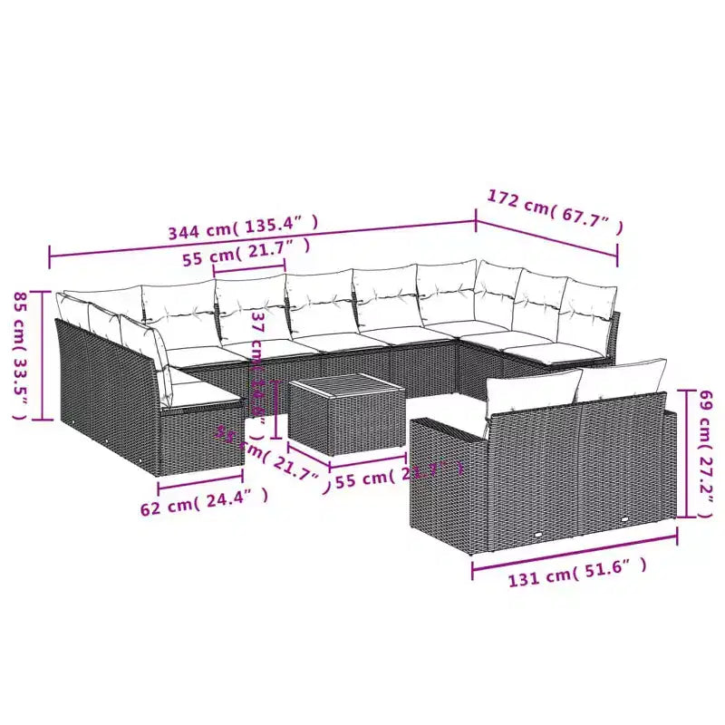 vidaXL 13 Piece Patio Sofa Set with Cushions Gray Poly Rattan
