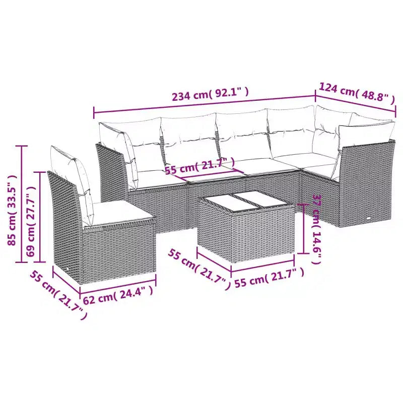 vidaXL 7 Piece Patio Sofa Set with Cushions Brown Poly Rattan