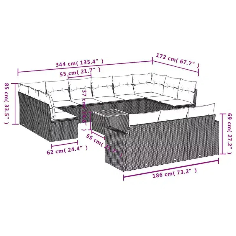vidaXL 14 Piece Patio Sofa Set with Cushions Gray Poly Rattan