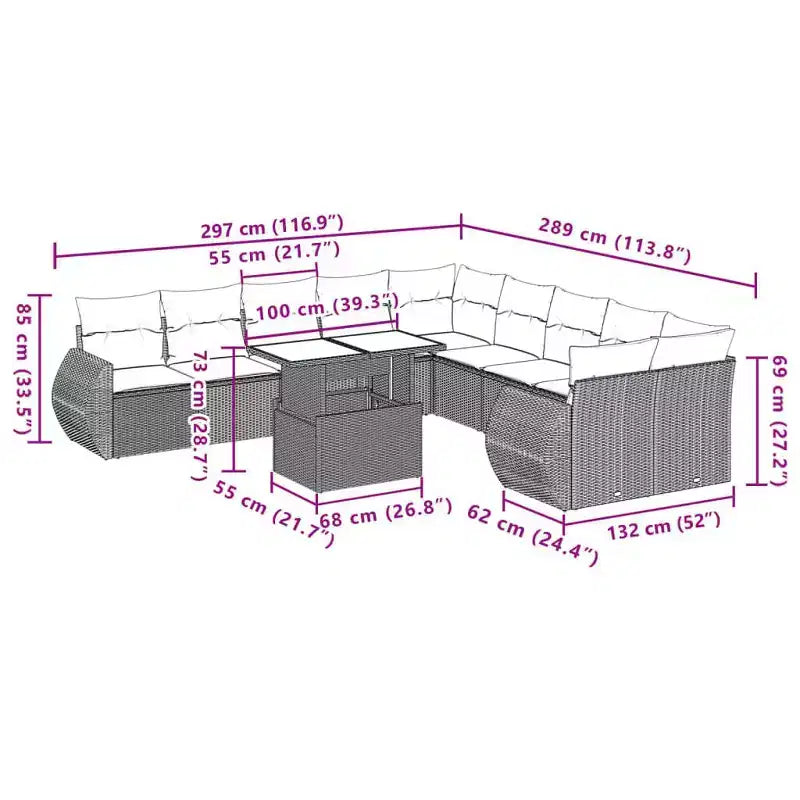 vidaXL 11 Piece Patio Sofa Set with Cushions Poly Rattan