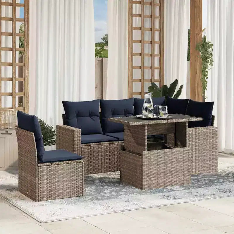 vidaXL Salon de jardin avec coussins et table, 6 pièces, résine tressée